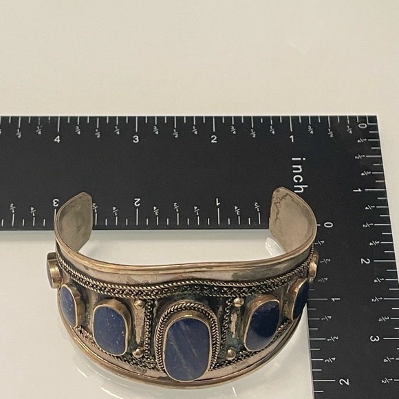 HUGE FOOLS GOLD LAPIS LAZULI COIN SILVER WIDE CUFF VINTAGE BRACELET - Picture 6 of 6